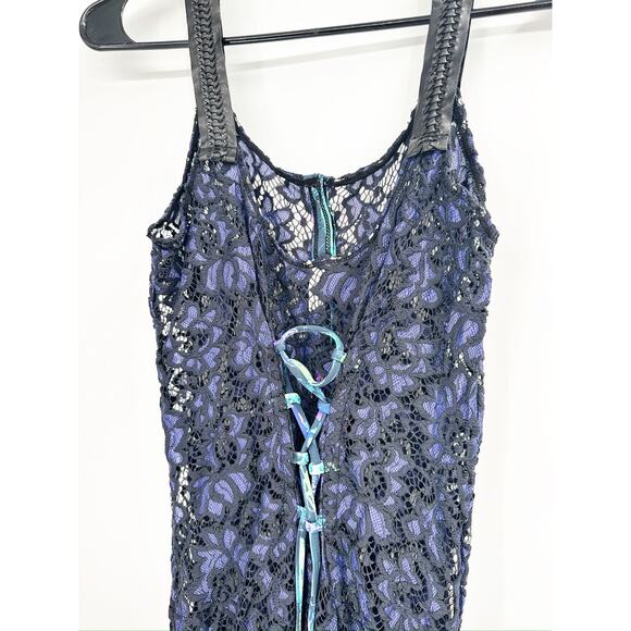 Maaji Blue Sheer Lace Button Front Lace Up Corset Back Swim Coverup Romper Sz M - Picture 6 of 9